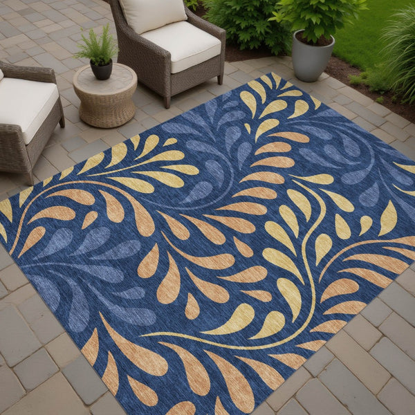 HomeRoots 8' X 10' Washable Navy Blue Botanical Leaves Rug - Stylish Indoor/Outdoor Design with Copper & Gold Accents 690953
