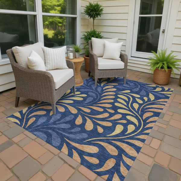 HomeRoots 9' X 12' Navy Blue Copper & Gold Botanical Leaves Rug – Durable, Washable & Stylish for Indoor/Outdoor Use 690954