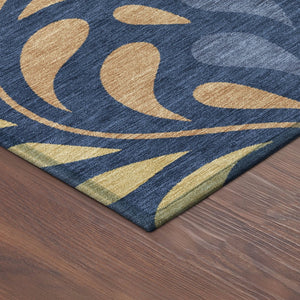 HomeRoots 9' X 12' Navy Blue Copper & Gold Botanical Leaves Rug – Durable, Washable & Stylish for Indoor/Outdoor Use 690954