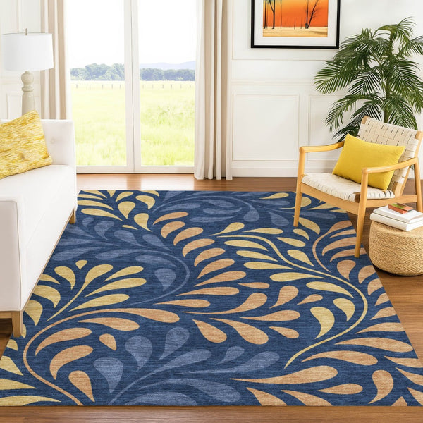 HomeRoots 10' Navy Blue Area Rug with Copper and Gold Botanical Leaves - Washable, Durable, Indoor/Outdoor Use 690955