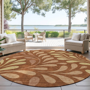 HomeRoots 8' Rust Copper and Gold Round Botanical Leaves Area Rug - Stylish, Durable, Washable for Indoor & Outdoor Use 690958