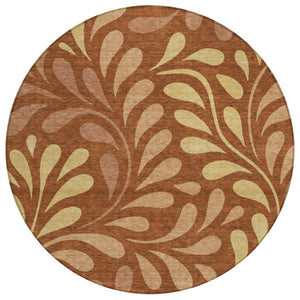 HomeRoots 8' Rust Copper and Gold Round Botanical Leaves Area Rug - Stylish, Durable, Washable for Indoor & Outdoor Use 690958