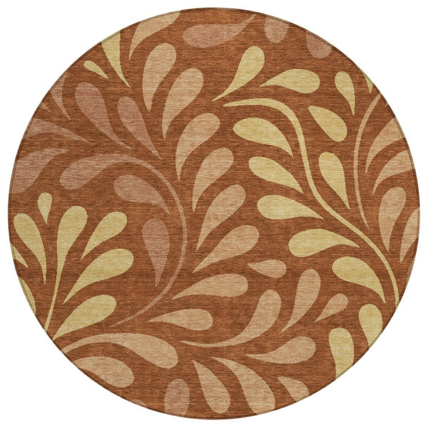HomeRoots 8' Rust Copper and Gold Round Botanical Leaves Area Rug - Stylish, Durable, Washable for Indoor & Outdoor Use 690958