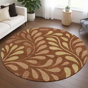HomeRoots 8' Rust Copper and Gold Round Botanical Leaves Area Rug - Stylish, Durable, Washable for Indoor & Outdoor Use 690958