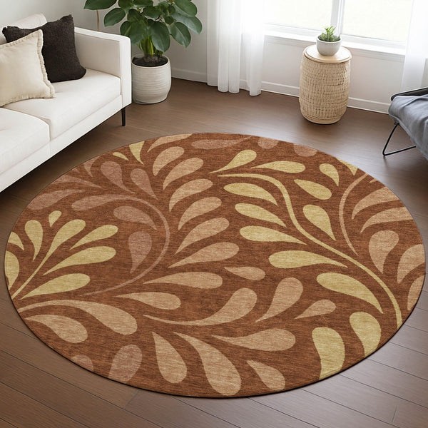 HomeRoots 8' Rust Copper and Gold Round Botanical Leaves Area Rug - Stylish, Durable, Washable for Indoor & Outdoor Use 690958