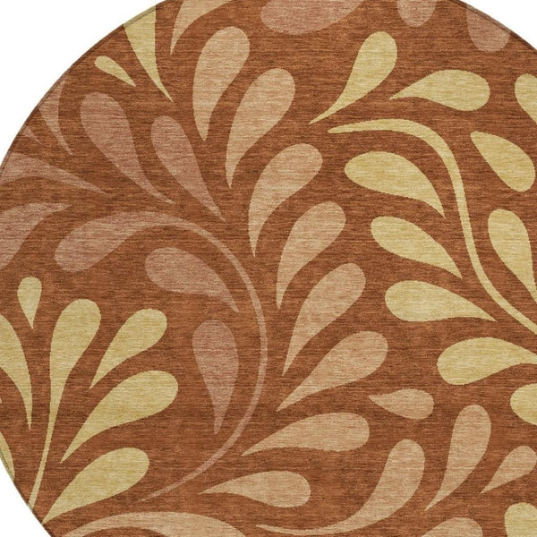 HomeRoots 8' Rust Copper and Gold Round Botanical Leaves Area Rug - Stylish, Durable, Washable for Indoor & Outdoor Use 690958