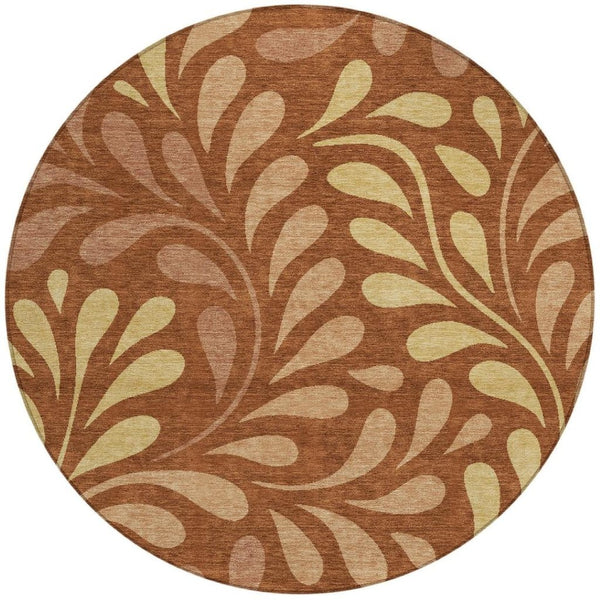 HomeRoots 8' Rust Copper and Gold Round Botanical Leaves Area Rug - Stylish, Durable, Washable for Indoor & Outdoor Use 690958
