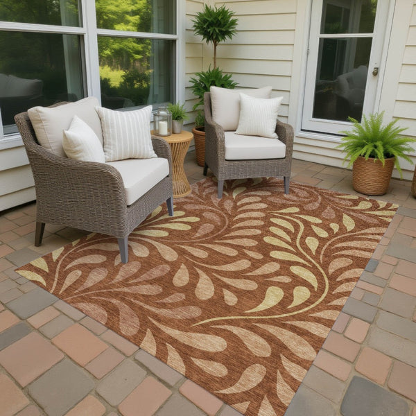 HomeRoots 9' X 12' Washable Rust Copper & Gold Botanical Leaves Area Rug for Indoor & Outdoor Style and Durability 690960