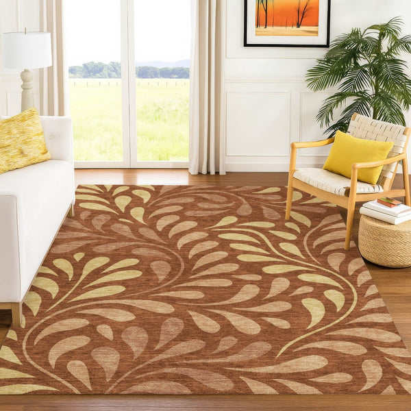 HomeRoots 9' X 12' Washable Rust Copper & Gold Botanical Leaves Area Rug for Indoor & Outdoor Style and Durability 690960