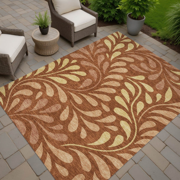 HomeRoots 9' X 12' Washable Rust Copper & Gold Botanical Leaves Area Rug for Indoor & Outdoor Style and Durability 690960