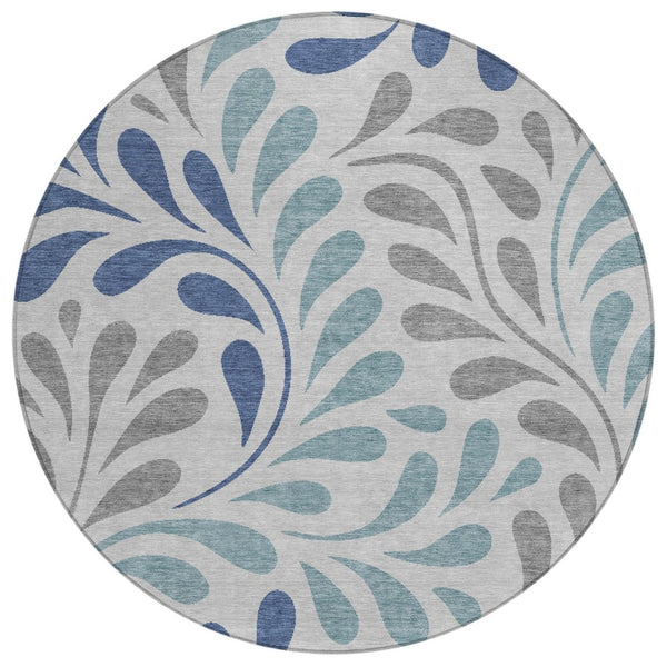 HomeRoots 8' Round Botanical Leaves Area Rug in Silver, Blue & Gray – Washable, Stain-Resistant, Versatile Design 690964