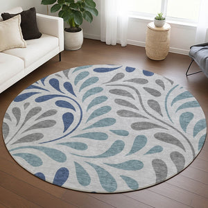 HomeRoots 8' Round Botanical Leaves Area Rug in Silver, Blue & Gray – Washable, Stain-Resistant, Versatile Design 690964