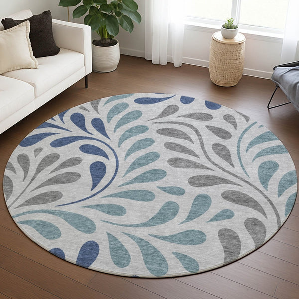 HomeRoots 8' Round Botanical Leaves Area Rug in Silver, Blue & Gray – Washable, Stain-Resistant, Versatile Design 690964