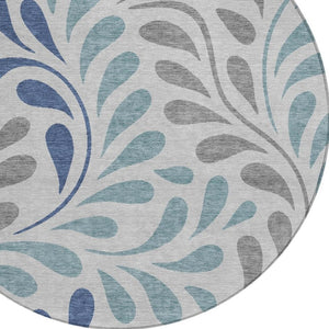 HomeRoots 8' Round Botanical Leaves Area Rug in Silver, Blue & Gray – Washable, Stain-Resistant, Versatile Design 690964
