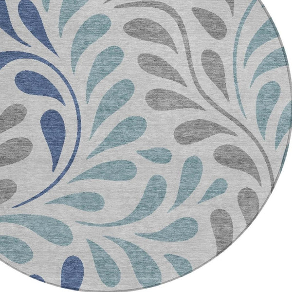 HomeRoots 8' Round Botanical Leaves Area Rug in Silver, Blue & Gray – Washable, Stain-Resistant, Versatile Design 690964