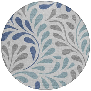 HomeRoots 8' Round Botanical Leaves Area Rug in Silver, Blue & Gray – Washable, Stain-Resistant, Versatile Design 690964