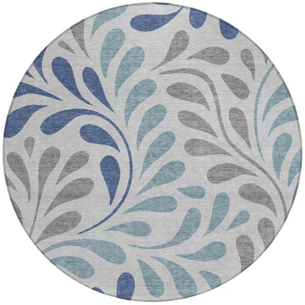 HomeRoots 8' Round Botanical Leaves Area Rug in Silver, Blue & Gray – Washable, Stain-Resistant, Versatile Design 690964