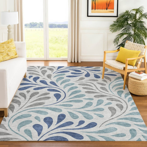 HomeRoots 9' X 12' Durable Botanical Leaves Area Rug - Elegant Silver-Blue Gray Design for Indoor & Outdoor Use 690966