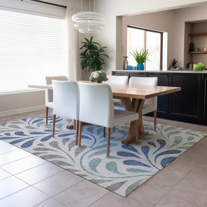 HomeRoots 9' X 12' Durable Botanical Leaves Area Rug - Elegant Silver-Blue Gray Design for Indoor & Outdoor Use 690966