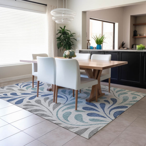 HomeRoots 9' X 12' Durable Botanical Leaves Area Rug - Elegant Silver-Blue Gray Design for Indoor & Outdoor Use 690966