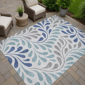 HomeRoots 9' X 12' Durable Botanical Leaves Area Rug - Elegant Silver-Blue Gray Design for Indoor & Outdoor Use 690966