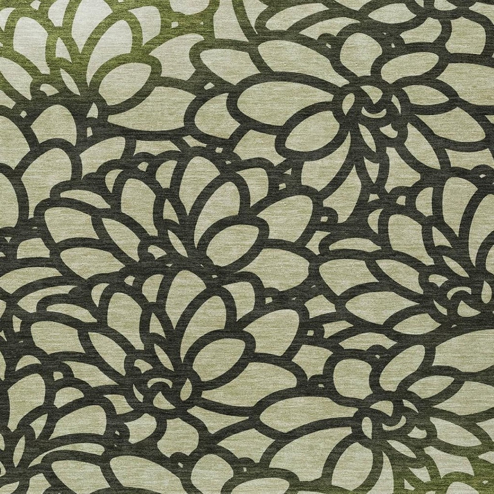 HomeRoots 5' Botanical Leaves Area Rug - Artichoke Green, Black & Ivory for Indoor/Outdoor, Washable & Durable 690969