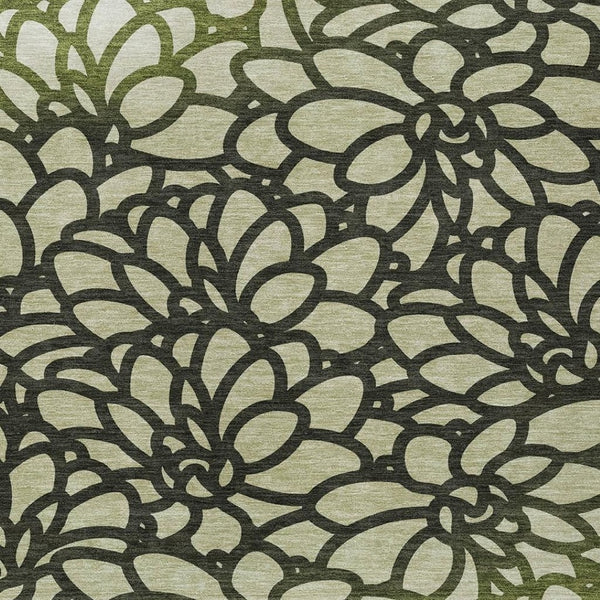 HomeRoots 5' Botanical Leaves Area Rug - Artichoke Green, Black & Ivory for Indoor/Outdoor, Washable & Durable 690969