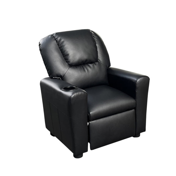 English Elm Carisa Youth Pu Leather Recliner Chair with Cupholder for Playroom or Bedroom Black B2749P413217