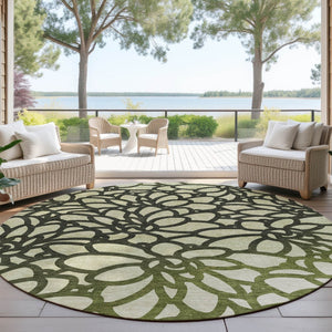 HomeRoots 8' Artichoke Green Botanical Leaves Round Rug – Washable, Durable, Indoor/Outdoor Accent for Any Space 690970
