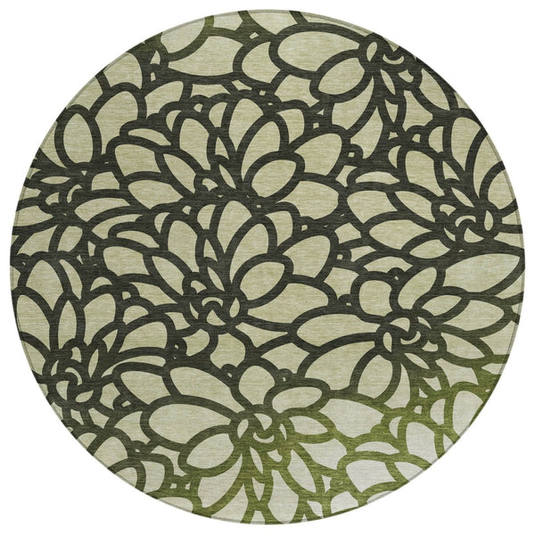HomeRoots 8' Artichoke Green Botanical Leaves Round Rug – Washable, Durable, Indoor/Outdoor Accent for Any Space 690970
