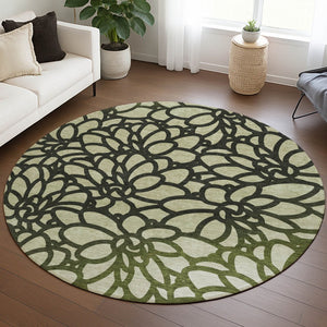 HomeRoots 8' Artichoke Green Botanical Leaves Round Rug – Washable, Durable, Indoor/Outdoor Accent for Any Space 690970