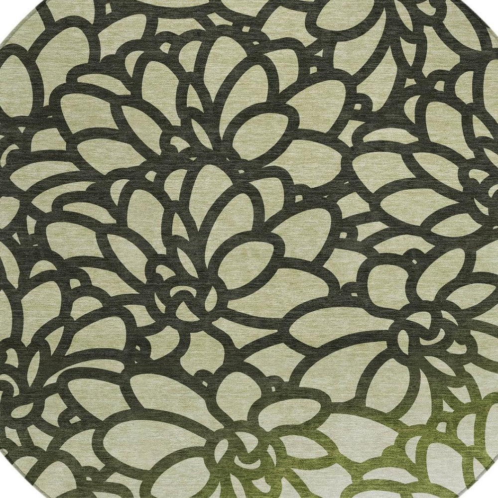 HomeRoots 8' Artichoke Green Botanical Leaves Round Rug – Washable, Durable, Indoor/Outdoor Accent for Any Space 690970