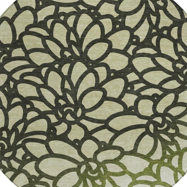 HomeRoots 8' Artichoke Green Botanical Leaves Round Rug – Washable, Durable, Indoor/Outdoor Accent for Any Space 690970