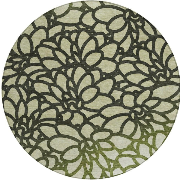 HomeRoots 8' Artichoke Green Botanical Leaves Round Rug – Washable, Durable, Indoor/Outdoor Accent for Any Space 690970