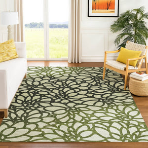 HomeRoots 10' X 14' Artichoke Green Botanical Leaves Rug - Stylish, Washable & Durable for Indoor/Outdoor Use 690973