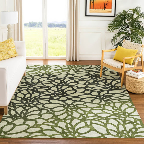 HomeRoots 10' X 14' Artichoke Green Botanical Leaves Rug - Stylish, Washable & Durable for Indoor/Outdoor Use 690973