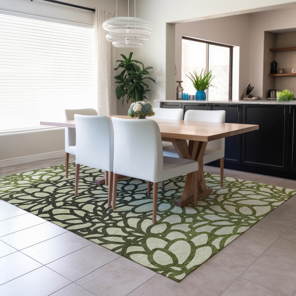 HomeRoots 10' X 14' Artichoke Green Botanical Leaves Rug - Stylish, Washable & Durable for Indoor/Outdoor Use 690973