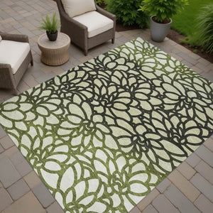 HomeRoots 10' X 14' Artichoke Green Botanical Leaves Rug - Stylish, Washable & Durable for Indoor/Outdoor Use 690973