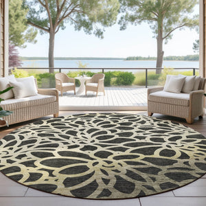 HomeRoots 8' Black Ivory Gold Round Washable Area Rug – Durable Botanical Design Perfect for Indoor & Outdoor Use 690976