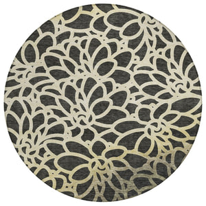 HomeRoots 8' Black Ivory Gold Round Washable Area Rug – Durable Botanical Design Perfect for Indoor & Outdoor Use 690976