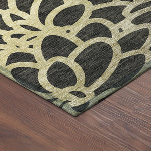 HomeRoots 8' Black Ivory Gold Round Washable Area Rug – Durable Botanical Design Perfect for Indoor & Outdoor Use 690976