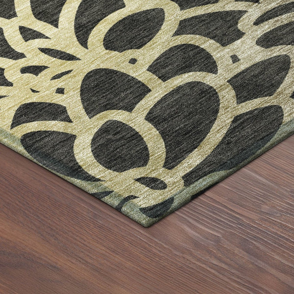 HomeRoots 8' Black Ivory Gold Round Washable Area Rug – Durable Botanical Design Perfect for Indoor & Outdoor Use 690976
