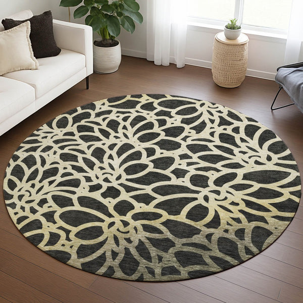 HomeRoots 8' Black Ivory Gold Round Washable Area Rug – Durable Botanical Design Perfect for Indoor & Outdoor Use 690976