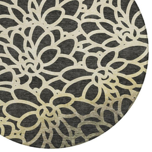 HomeRoots 8' Black Ivory Gold Round Washable Area Rug – Durable Botanical Design Perfect for Indoor & Outdoor Use 690976