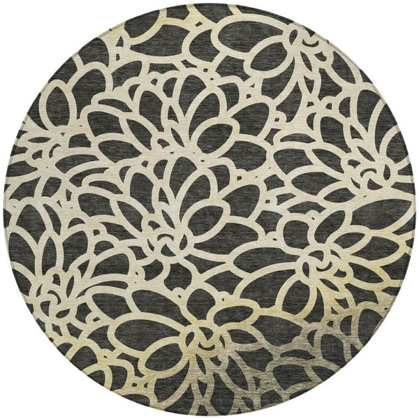 HomeRoots 8' Black Ivory Gold Round Washable Area Rug – Durable Botanical Design Perfect for Indoor & Outdoor Use 690976