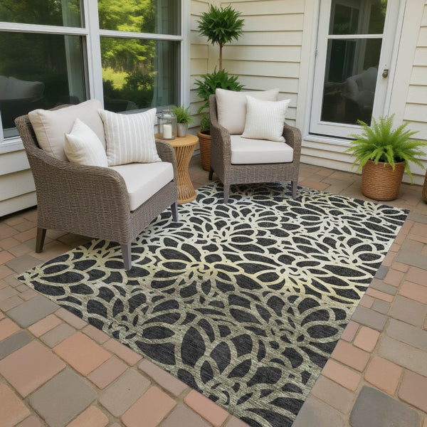 HomeRoots 9' X 12' Stylish Black Ivory Gold Botanical Leaves Washable Rug for Indoor and Outdoor Spaces 690978
