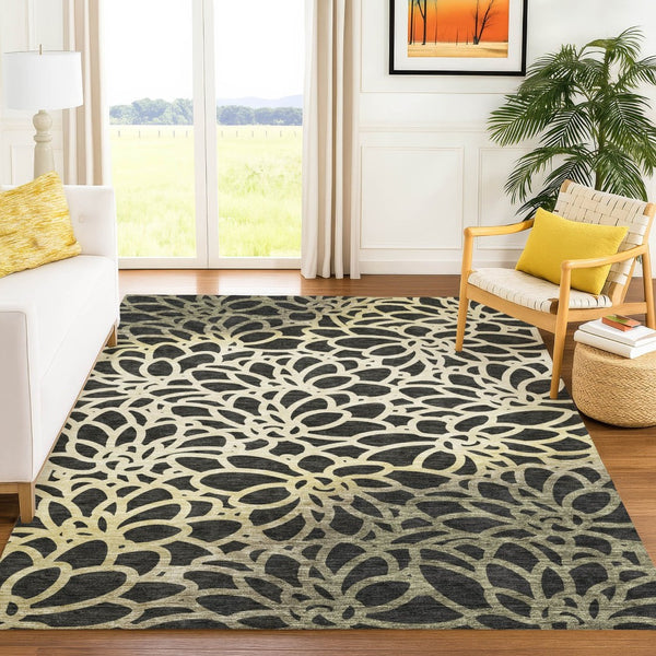 HomeRoots 9' X 12' Stylish Black Ivory Gold Botanical Leaves Washable Rug for Indoor and Outdoor Spaces 690978