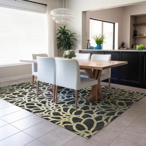 HomeRoots 9' X 12' Stylish Black Ivory Gold Botanical Leaves Washable Rug for Indoor and Outdoor Spaces 690978