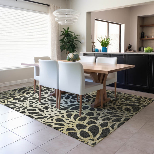HomeRoots 9' X 12' Stylish Black Ivory Gold Botanical Leaves Washable Rug for Indoor and Outdoor Spaces 690978