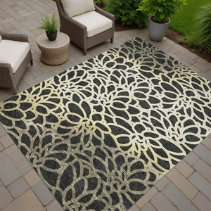 HomeRoots 9' X 12' Stylish Black Ivory Gold Botanical Leaves Washable Rug for Indoor and Outdoor Spaces 690978
